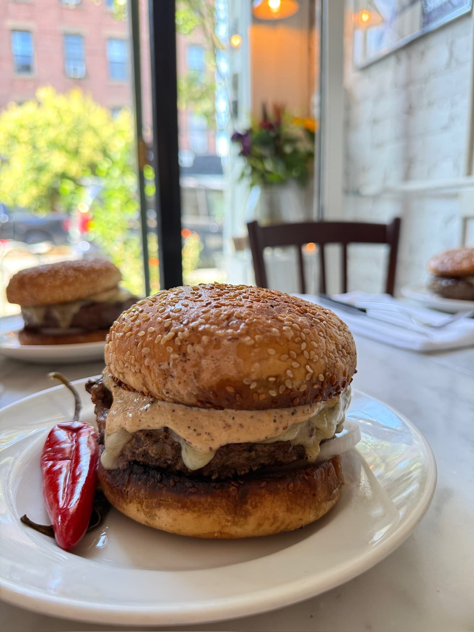 The Grilled Burger at Cafe Kestrel in a sunlit window seat: a thick patty with melted cheddar, a slice of raw onion and a pepper-flecked aioli on a toasted sesame bun, a red pickled pepper on the plate and a second burger across the table